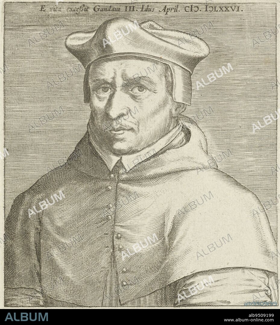 Portrait of Cornelius Jansenius, first bishop of Ghent. Bust to the left. The print has a Latin top and bottom and is part of a series on famous writers from the Low Countries, Portrait of Cornelius Jansenius Cornelivs Iansenivs Famous writers from the Low Countries Bibliotheca Belgica , print maker: Philips Galle, (attributed to workshop of), Maximiliaan Vrients, (mentioned on object), publisher: Franciscus Foppens, print maker: Antwerp, Ghent, publisher: Brussels, 1608 and/or 1739, paper, engraving, h 178 mm × w 109 mm.