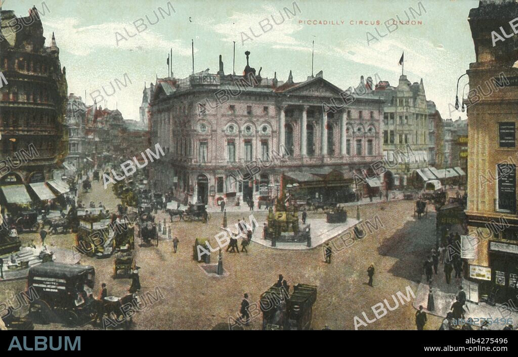 'Piccadilly Circus, London', late 19th-early 20th century. Busy thoroughfare, with Shaftesbury Avenue on the left and the London Pavilion in the centre. Postcard.