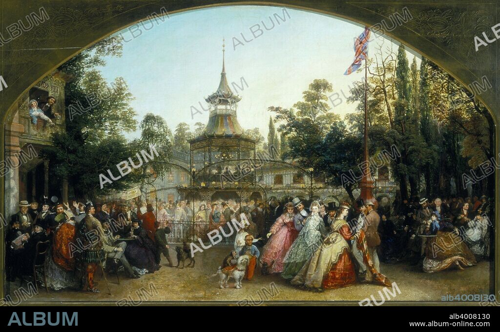 'The Dancing Platform at Cremorne Gardens', 1864. Scene at the famous venue showing men and women flirting in the foreground. The atmosphere of fairground exoticism is emphasised by the monkeys and black children in the centre. Behind are the dancers on the platform which was said to hold a thousand people. Beyond is the orchestra in the central pagoda, with supper boxes in the background. The 12-acre gardens, which opened in London in 1842, were situated west of Battersea Bridge between King's Road and the Thames.