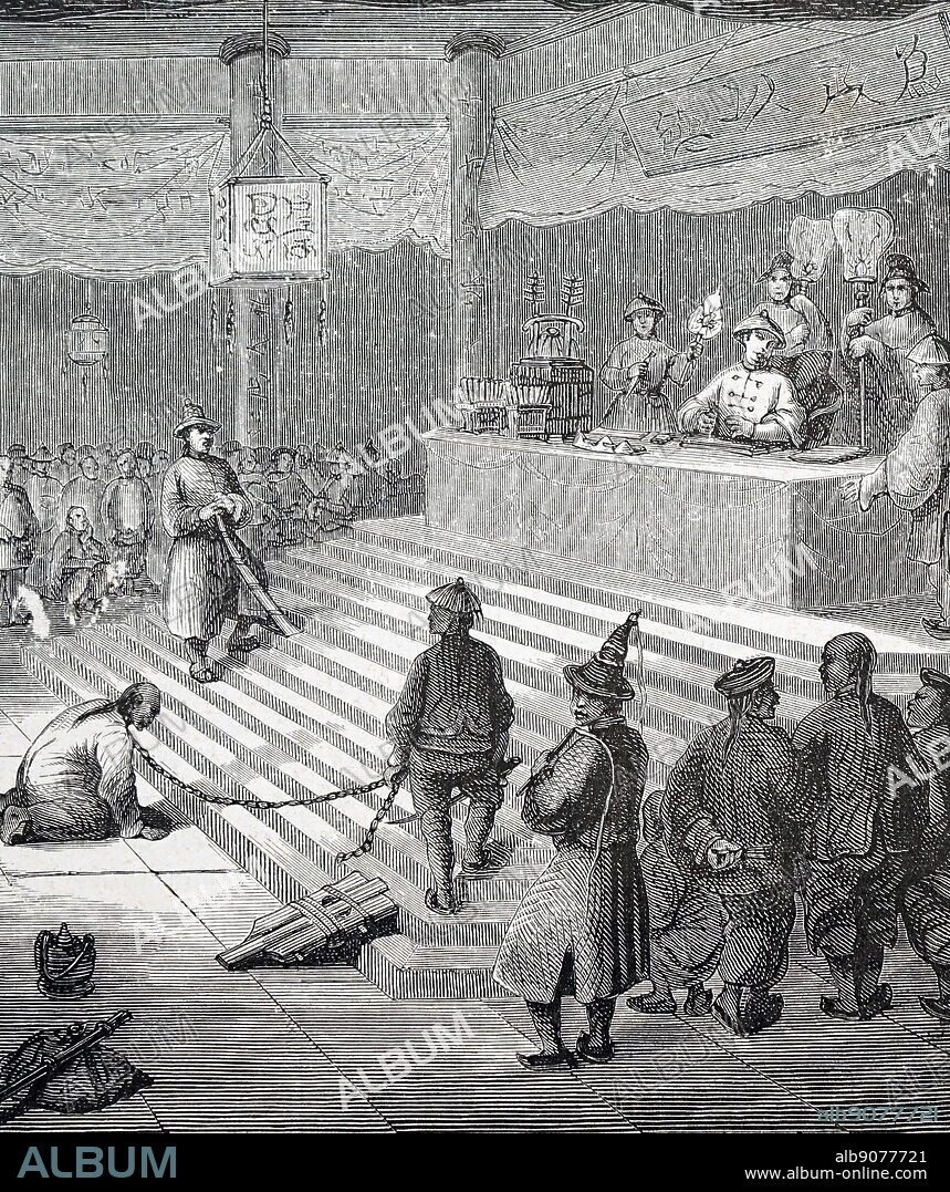 Illustration depicting a Mandarin bureaucrat facing trial. Dated 19th Century.