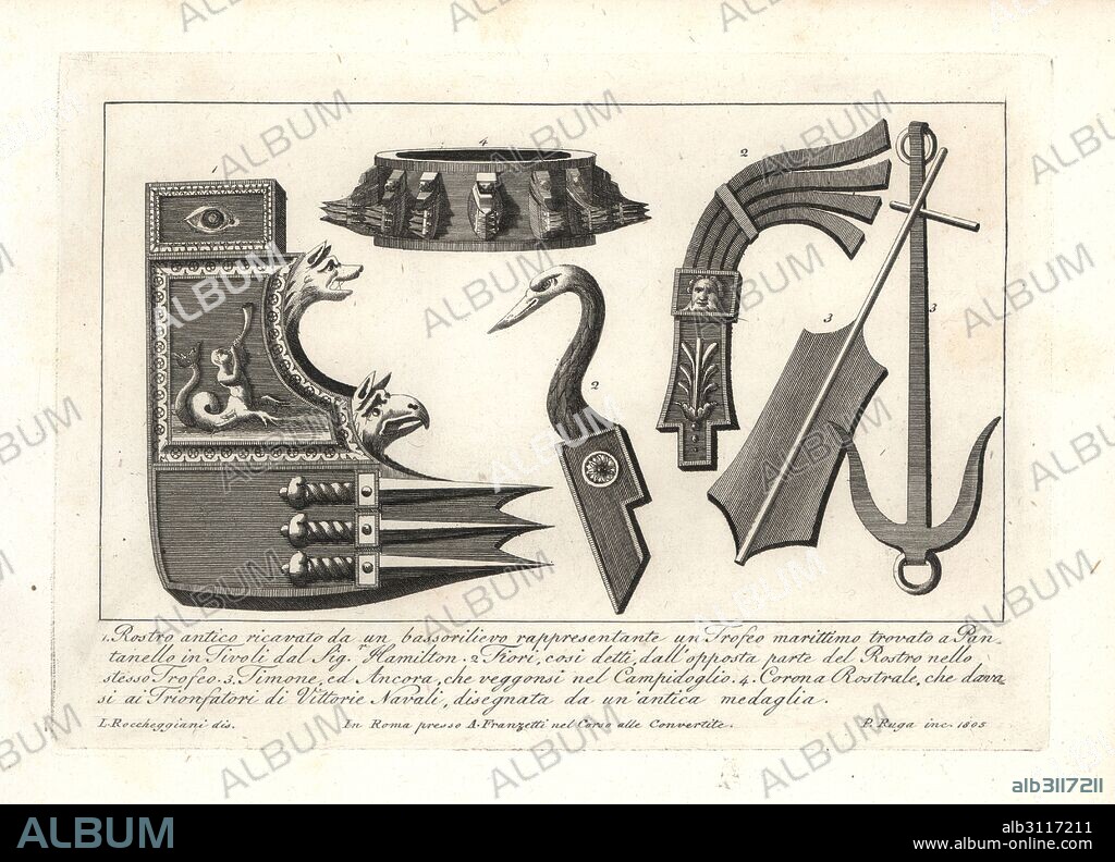 Ancient Roman naval ram or Rostrum with swords and animal heads from a basrelief representing a maritime trophy found in Pantanello, Tivoli 1, so-called Fiori or flower from the stern of the same trophy 2, rudder and anchor from Capitol Hill 3, and Rostrum crown awarded to victors of naval battles from an ancient coin 4. Copperplate engraving by Pietro Ruga after an illustration by Lorenzo Rocceggiani from his own 100 Plates of Costumes Religious, Civil and Military of the Ancient Egyptians, Etruscans, Greeks and Romans, Franzetti, Rome, 1802.