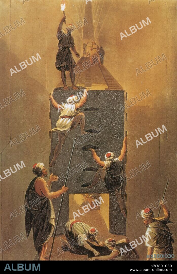 Caption: "One of Luigi Mayer's (1755-1803) most famous drawings, this shows the beginning of the Grand Gallery of the pyramids of Khufu which leads up to the burial chamber. At the bottom is the entrance to corridor leading to the so called Queen's chamber." The Great Pyramid of Giza (also known as the Pyramid of Khufu or the Pyramid of Cheops) is the oldest and largest of the three pyramids in the Giza Necropolis bordering what is now El Giza, Egypt. It is the oldest of the Seven Wonders of the Ancient World, and the only one to remain largely intact. Providing access to the royal burial chambers, is a passage known as the Grand Gallery. When explorers discovered the Grand Gallery, they stepped into a steeply slanted passage less than 7 feet wide but more than 153 feet long and nearly 29 feet high. The walls were lined with massive granite blocks form the Aswan quarry. The Grand Gallery connects two passages leading to chambers dubbed the Queen's Chamber and the King's Chamber.