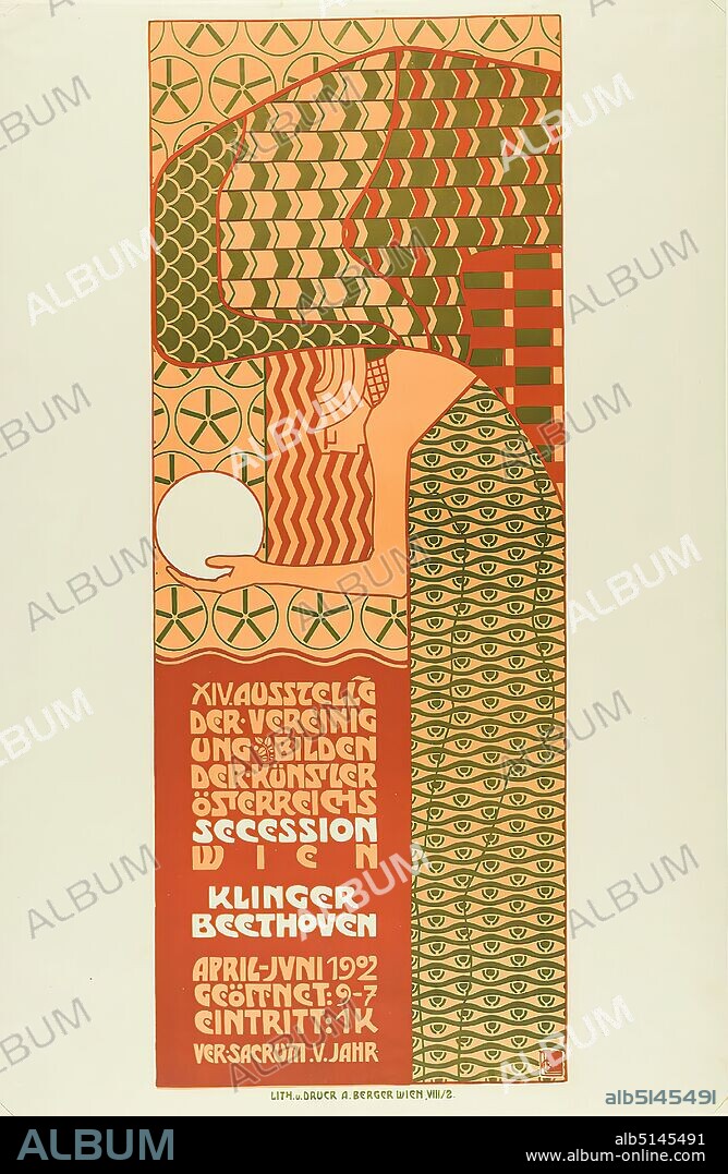 Alfred Roller, Ver Sacrum, Lithographic Institute Albert Berger, XIV exhibition of the Association of Austrian Visual Artists - Secession Vienna. Klinger - Beethoven, lithograph, total: height: 94,60 cm; width: 62,20 cm, monogrammed: u. r. in print: A. Roller, u. center: LITH. U. DRUCK A. BERGER WIEN, VIII /2, exhibition posters, woman, standing figure, ornaments, squatting, bent figure.