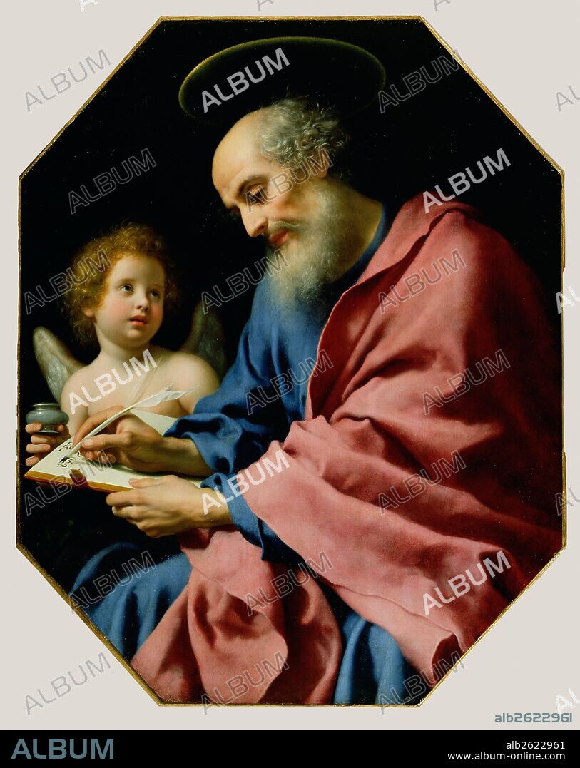 St. Matthew Writing His Gospel; Carlo Dolci, Italian (Florentine), 1616 - 1687; about 1670s; Oil on canvas; Unframed: 136.5 x 113 cm (53 3/4 x 44 1/2 in.), Framed: 133.4 x 113.7 x 6.7 cm (52 1/2 x 44 3/4 x 2 5/8 in.).