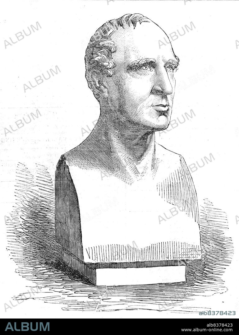 The late Mr. Charles Kemble, from a marble bust, by Timothy Butler, 1854. British actor. 'His first appearance upon the London stage was in the character of Malcolm, in "Macbeth," which he performed at Drury-lane, in the winter of 1794, continuing for two years to assume parts equally subordinate. On account of the illness of his brother John, during the run of the opera of "Mahmoud," Charles was called upon to supply his place at so short a notice, that he was obliged to take the book with him upon the stage; when feeling his confidence strengthened, and his emulation awakened, he threw aside the book, and performed the character with spirit and extraordinary success'. From "Illustrated London News", 1854.