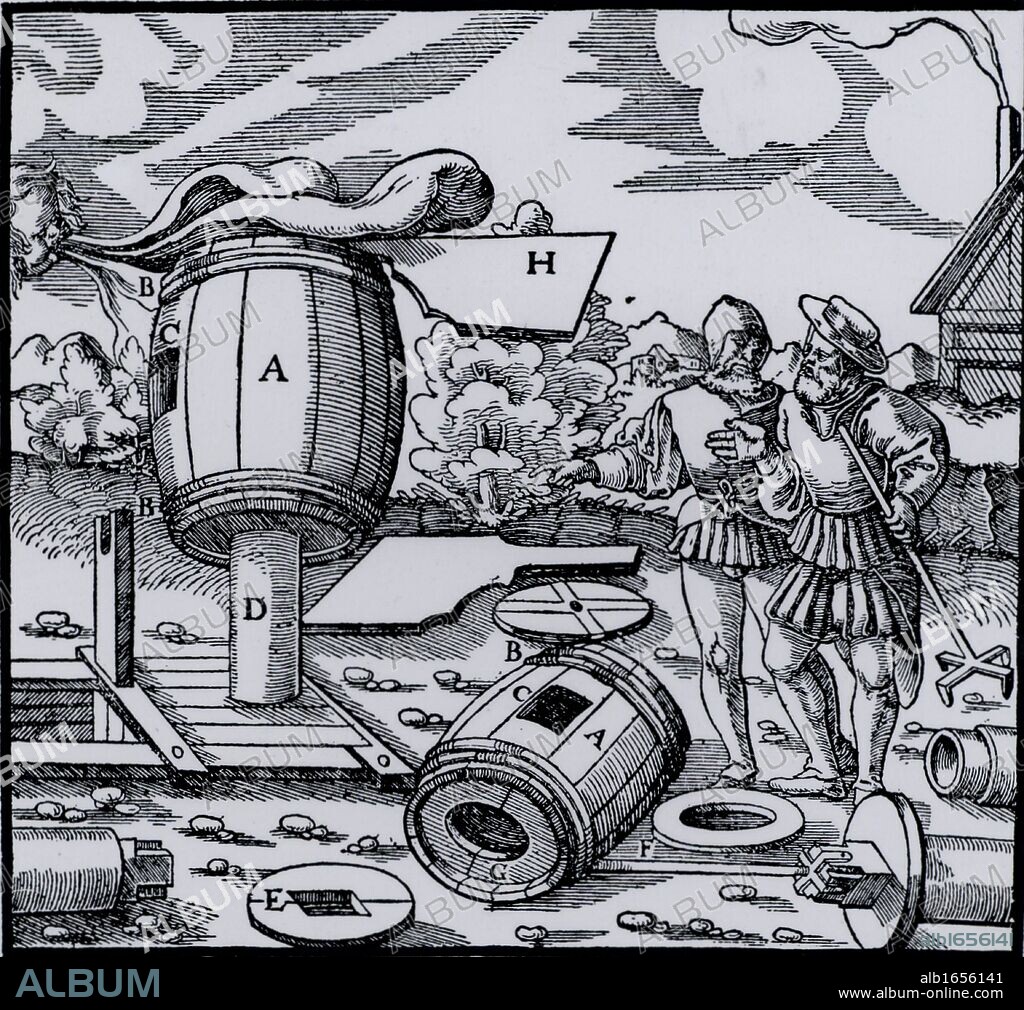 Mine ventilation shaft topped with a device to extract the stale air from the mine.  H is a vane to make the barrel revolve so that is always facing in the optimum wind direction.  From "De re metallica", by Agricola, pseudonym of Georg Bauer (Basle, 1556).  Woodcut.  (Photo by: Universal History Archive/UIG via Getty Images).