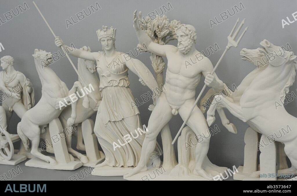 Reconstruction of the West pediment of Parthenon, Acropolis of Athens. According the drawing of K. Schwerzek, 1904. Quarrel between Athena and Poseidon for Athens and Attica. 5th century BC. Acropolis Museum. Athens. Greece.