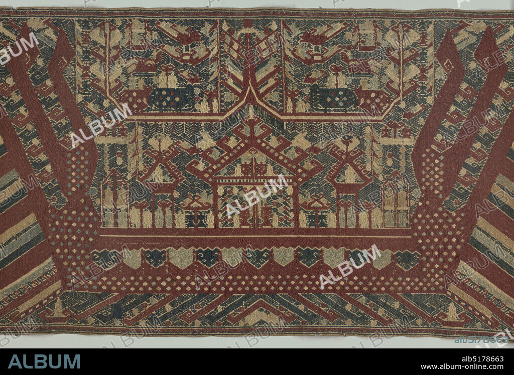 Palepai (ship cloth), Medium: cotton embroidery on cotton foundation Technique: embroidered on plain weave Label: cotton embroidered with cotton, Horizontal rectangular panel known as a ship cloth or 'palepai'. Embroidered in dark and light blue, dark red, and white cotton. Two instances of traditional 'ship of the dead' motif, with pattern repeats separated by 'tree of life' designs, although the two ships are not identical. Features a few animals, many human figures (on main deck as well as on outer extensions), and umbrella-like designs, which could be ancestor shrines. Used in naming, circumcision, marriage, and death ceremonies--ceremonies that mark new stages of existence., Indonesia, mid-19th century, embroidery & stitching, Palepai (ship cloth).