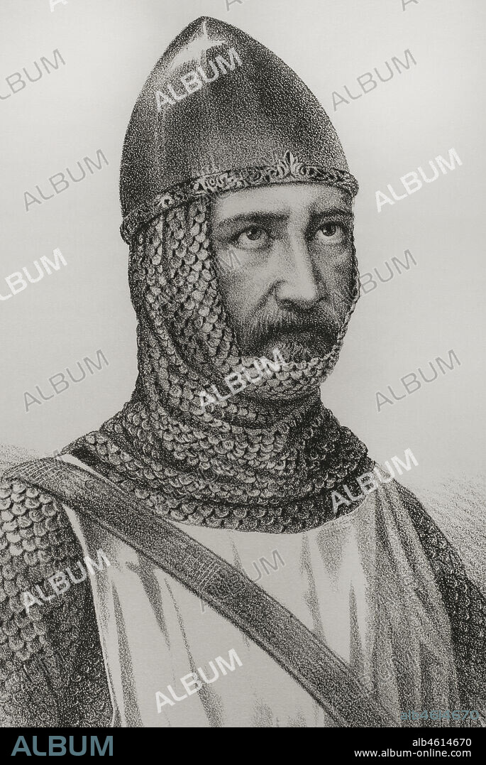 Jean IV de Béthencourt (Juan IV de Bethencourt) (h. 1362-1425). Explorador normando que en 1402 dirigió una expedición a las Islas Canarias, desembarcando primero en la costa norte de Lanzarote. Desde allí conquistó para Castilla las islas de Fuerteventura (1405) y El Hierro, derrotando a sus caciques locales. Béthencourt recibió el título de señor de las islas de Canaria (1404-1425). Retrato. Litografía. Detalle. Crónica General de España, Historia Ilustrada y Descriptiva de sus Provincias. Canarias, 1871.