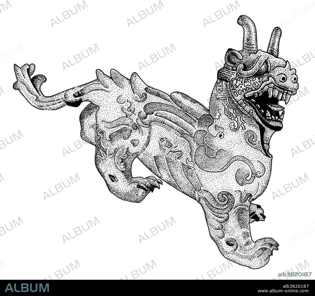 The Chimera was a monstrous fire-breathing female and male creature of Lycia in Asia Minor, composed of the parts of three animals. Usually depicted as a lion, with the head of a goat arising from its back, and a tail that ended in a snake's head, the Chimera was one of the offspring of Typhon and Echidna and a sibling of such monsters as Cerberus and the Lernaean Hydra. The term chimera has come to describe any mythical or fictional animal with parts taken from various animals, or to describe anything perceived as wildly imaginative or implausible. Drawing based on a Chinese bronze statue from the Eastern Han Dynasty, dated 1st century AD.