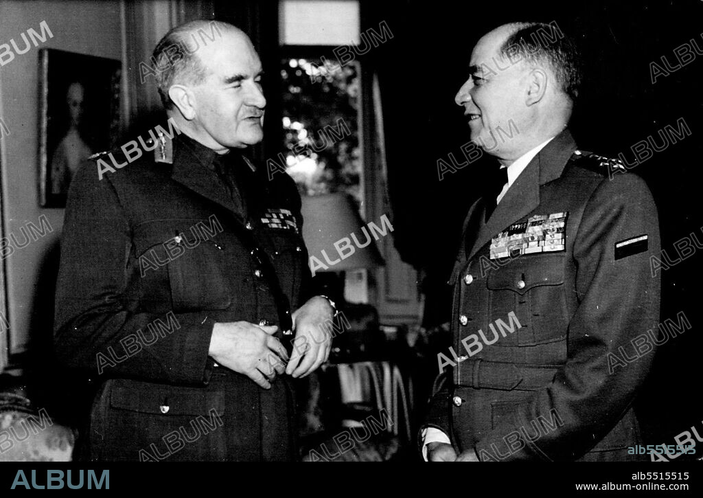 General Juin International London -- General Juin (right) with Field Marshal Sir William Slim, Chief at the Imperial General Staff, after his arrival in London.General A. Juin, the French Commander of Allied Land Forces in Europe, has arrived in London on a four-day visit, during which he will inspect various British Army establishments and have a series of talks with the Army chiefs. May 5, 1952. (Photo by Sport & General Press Agency Limited).