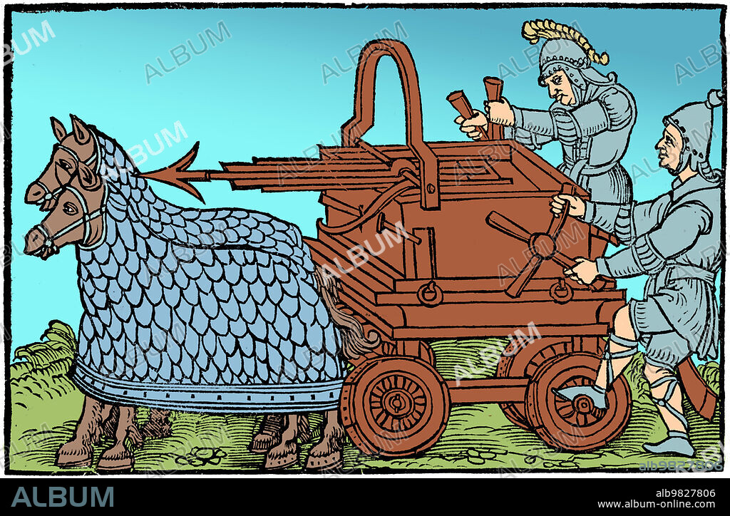 A four-wheeled ballista (carroballista) drawn by armored horses, from an engraving illustrating a 1552 edition of the war-machine catalog De Rebus Bellicis (c._400). The device, mounted on a wagon, is manipulated like a crossbow, shooting large arrows at enemy fortifications.