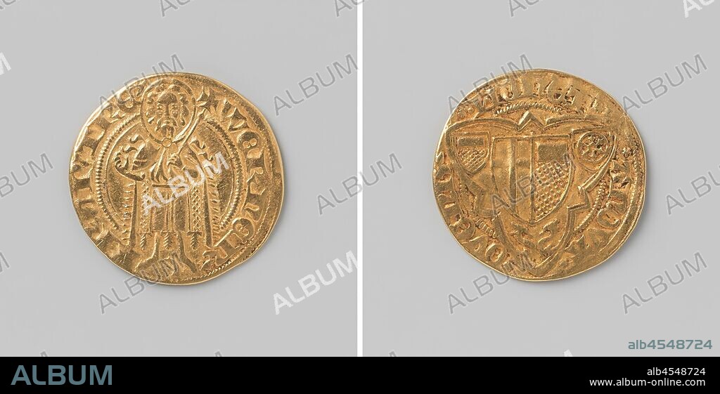 Rhine guilder, Golden Rhine guilder, beaten by the Archbishop of Trier, WeRner of Falkenstein (1388 - 1418) Obverse: John (the Evangelist?) At full length, inscription: WERNER ARCP'TRE '. Reverse: Three weapons in three passes, inscription: MONETA NOVA OVENB., Germany, Brielle, Offenbach am Main, c. 1412, gold (metal), striking (metalworking), d 2.3 cm × w 3.31 gr.