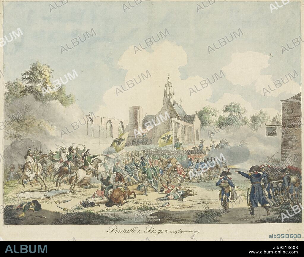 The battle of Bergen on September 19, 1799. View of the battlefield in the center of Bergen. On the left French hussars on horseback, on the right French Batavian infantry. In the middle British and Russian troops in front of the Ruined Church. On the right the inn 'de Jager', Battle of Bergen, 1799 Bataille bij Bergen den 19 September 1799 , print maker: Pieter Gerardus van Os, (mentioned on object), Pieter Gerardus van Os, (mentioned on object), Netherlands, 1799, paper, etching, engraving, h 371 mm × w 471 mm.
