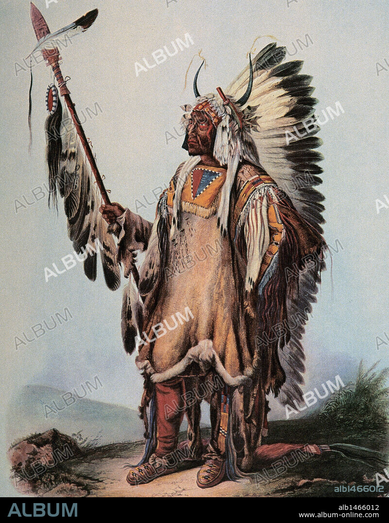 INDIOS DE AMERICA DEL NORTE. "INDIOS DE LAS LLANURAS". Habitantes del centro de los Estados Unidos y el sur del Canadá. Destacan los SIOUX, los CHEYENNES los COMANCHES y los CROW. Grabado de una pintura de Carl Bodmer, siglo XIX. Colección particular.