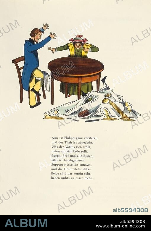 Hoffmann, Heinrich Arzt und Dichter. 1809-1894. Werke: Der Struwwelpeter (1847). "Die Geschichte vom Zappel-Philipp". ("Nun ist Philipp ganz versteckt, / und der Tisch ist abgedeckt.") - Nachdruck der Ausgabe 1847.