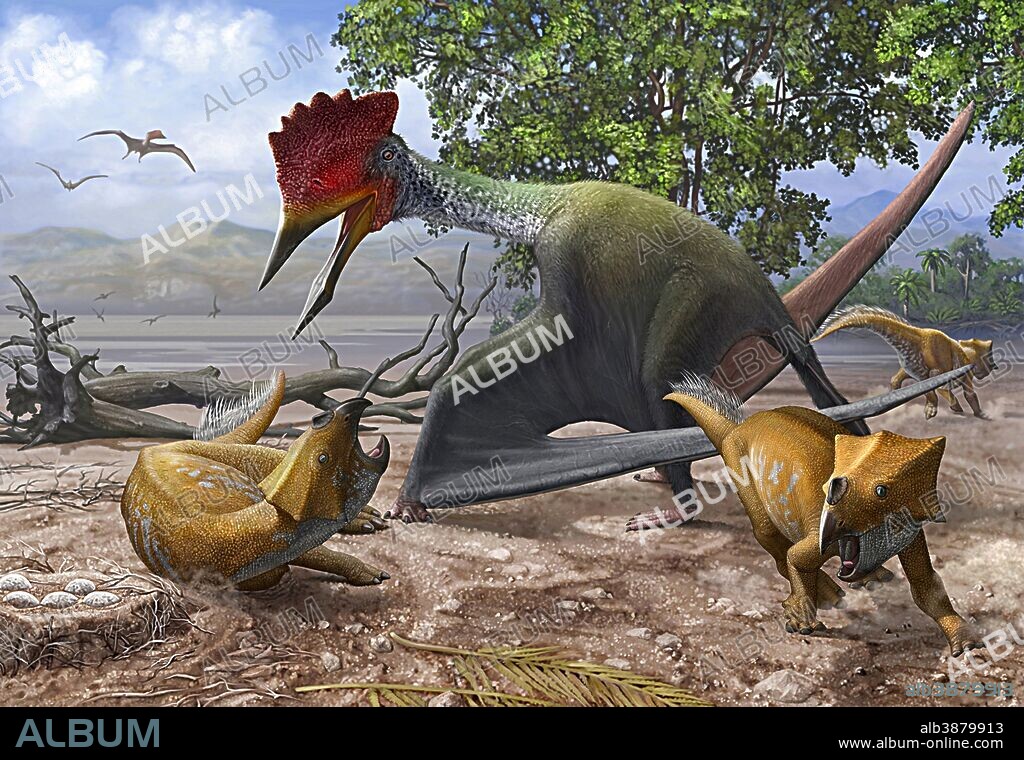 A large Bakonydraco pterosaur attacking a nest of small Ajkaceratops ceratopsian dinosaurs.