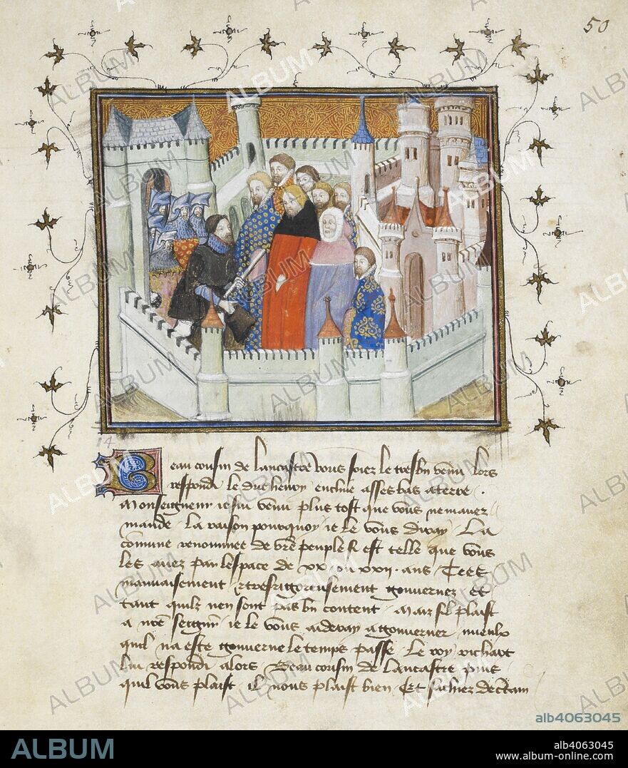 JEAN CRETON et THE VIRGIL MASTER. Richard II and Bolingbroke at Flint Castle. La Prinse et mort du roy Richart (Book of the Capture and Death of King Richard II). France, Central (Paris), c. 1401 - c. 1405. Source: Harley 1319 f.50. Language: French.