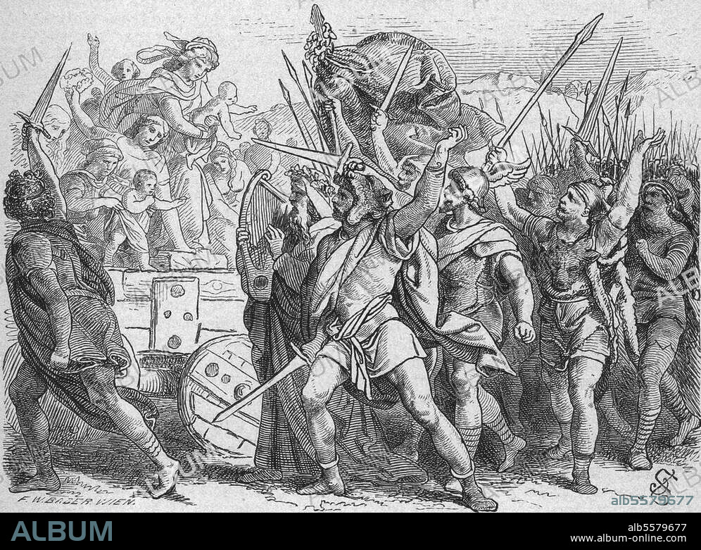 Gallic War 58-51 BC: Caesar's victory over the Germans under Ariovist 58 BC. Germanic women spur the warriors on to battle. Wood engraving, 1873, by Johann Nepomuk Geiger (1805-1880). From: W.Zimmermann: Geschichte des dt. Volkes, vol. 1, Stuttgart 1873. Berlin, Sammlung Archiv für Kunst und Geschichte.