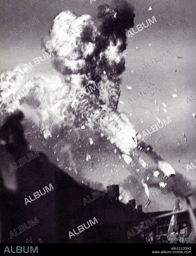 The USS Intrepid is hit by a japanese kamikaze aircraft pilot attack 1944. USS Intrepid, Essex-class aircraft carrier built during World War II for the United States Navy. She is the fourth US Navy ship to bear the name. Commissioned in August 1943.