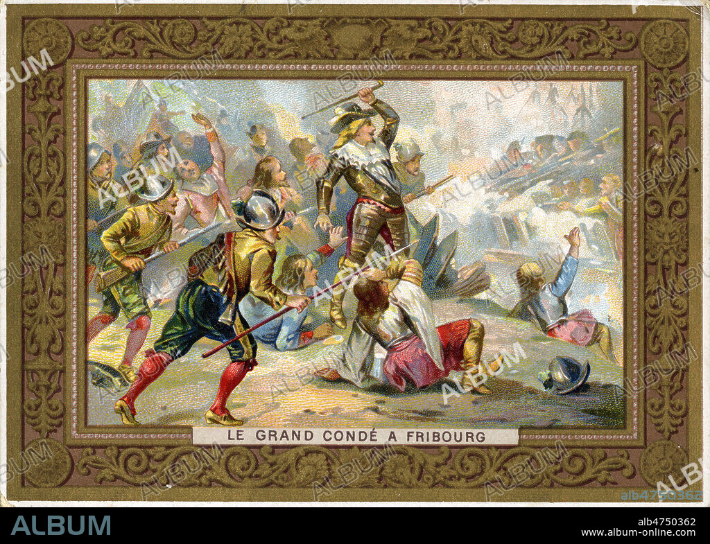Le Grand Conde (1621-1686) a la bataille de Fribourg, en 1644. Chromo publicitaire vers 1890. Illustration anonyme. Credit : Collection KHARBINE-TAPABOR.