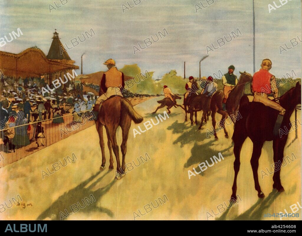 EDGAR DEGAS. 'At the Races', c1866-1868, (1937). 'The Parade, or Race Horses in front of the Stands'. Painting in the Musée d'Orsay, Paris. From "The Impressionists" by Wilhelm Uhde. [The Phaidon Press, George Allen & Unwin Ltd, Vienna & London, 1937].