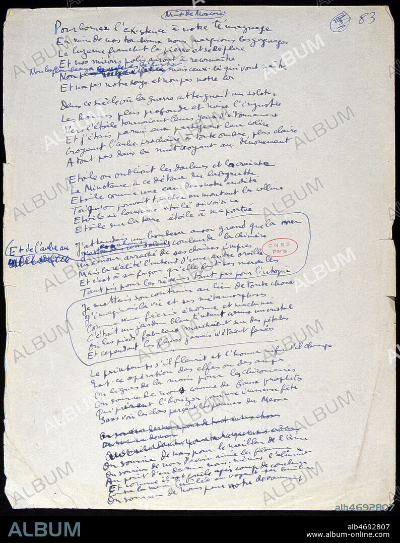 Manuscrit du poeme en alexandrins de Louis ARAGON (1897-1982) 'La nuit de Moscou' publie dans 'Le roman inacheve' en 1956. Credit : JEAN VIGNE / KHARBINE-TAPABOR.