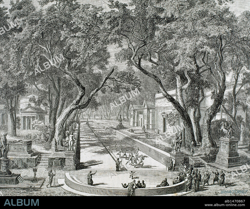 HISTORIA DE LA ANTIGUA GRECIA. ESPARTA. "CIUDADANOS ESPARTANOS PARTICIPANDO EN UNA CARRERA o DROMO". Grabado del s. XIX.