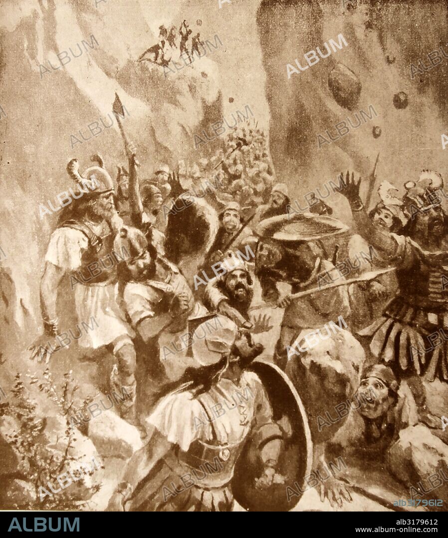 The Battle of Roncevaux Pass in 778 AD. A large force of Basques ambushed Charlemagne's army; while crossing the Roncevaux Pass; that took place during Charlemagne's invasion of Spain.