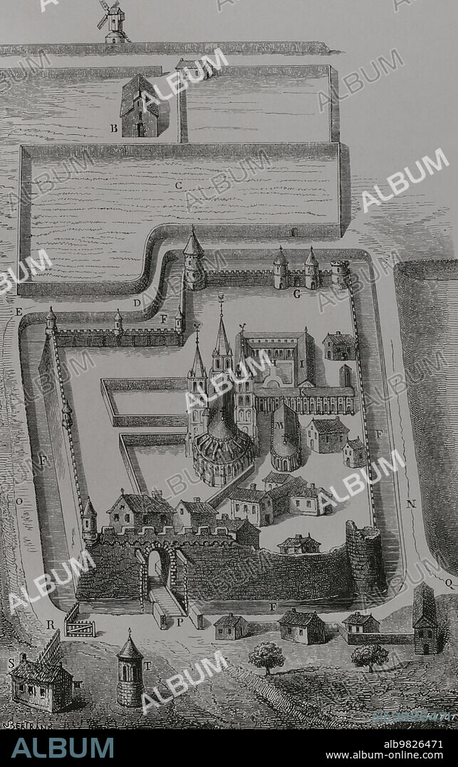Paris, France. Abbey of Saint-Germain-des-Prés. Founded in the 6th century by the Frankish King Childebert I (497-558). View of the East side of the abbey as it stood in 1361. Engraving by Huyot, facsimile from an original by Dom Bouillard. "Vie Militaire et Religieuse au Moyen Age et à l'Epoque de la Renaissance". Paris, 1877.