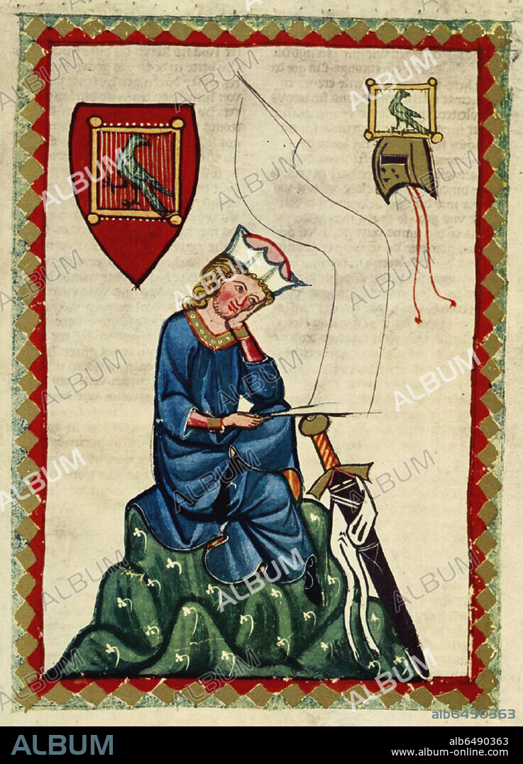 Manesse Codex (sheet 124r): Walther von der Vogelweide. 
 
The Manesse Codex or Grosse Heidelberger Liederhandschrift (Heidelberg, University of Heidelberg Library, Cod. Pal. germ. 848) is a book copied and illustrated between 1305-1340 in Zürich, presumably compiled by Johannes Hadlaub. It contains love songs in Middle High German by important poets, several of whom were famous rulers. The term for these poets, Minnesänger, combines the words for "romantic love" and "singer", reflecting the content of the poetry, which adapted the Provençal troubador tradition to German. This manuscript has 137 portraits of the authors which depict each poet, some of them as idealized knights, dressed in their own heraldic colors and devices, making it possible for readers to identify them.