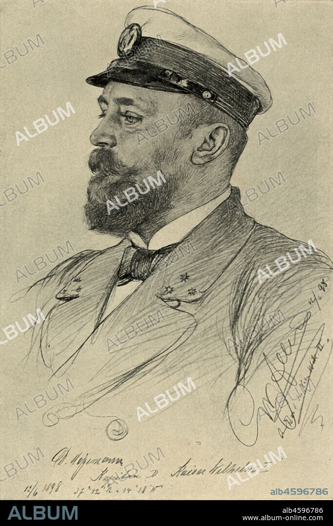 CHRISTIAN WILHELM ALLERS. The captain of the 'Kaiser Wilhelm II', 1898. Portrait of German officer on board the SS Kaiser Wilhelm II. From "Rund um die Erde" [Round the Earth], written and illustrated by C. W. Allers. [Union Deutsche Verlagsgesellschaft, Stuttgart, 1898].