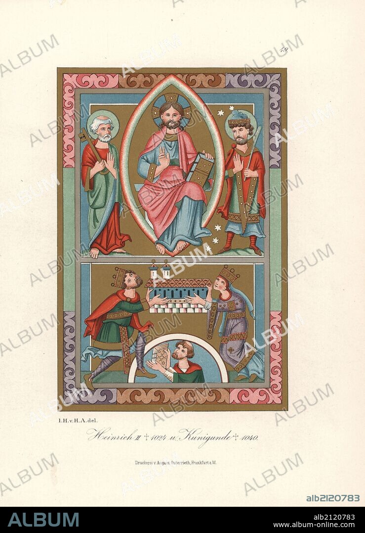 Portrait of Holy Roman Emperor Henry II and his wife Saint Cunigunde of Luxembourg from an illuminated missal in Hamberg library. Chromolithograph from Hefner-Alteneck's "Costumes, Artworks and Appliances from the Middle Ages to the 17th Century," Frankfurt, 1879. Illustration by Dr. Jakob Heinrich von Hefner-Alteneck and published by Heinrich Keller. Hefner-Alteneck (1811 - 1903) was a German museum curator, archaeologist, art historian, illustrator and etcher.