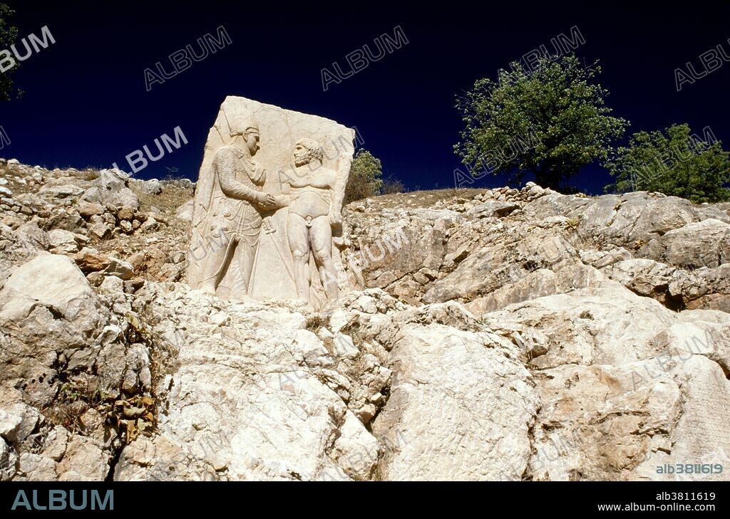 Eski Kale, Turkey, the ancient Commagene capitol of Arsameia, where the stone statue of Mithridates I Callinicus is shown shaking hands with Heracles.
