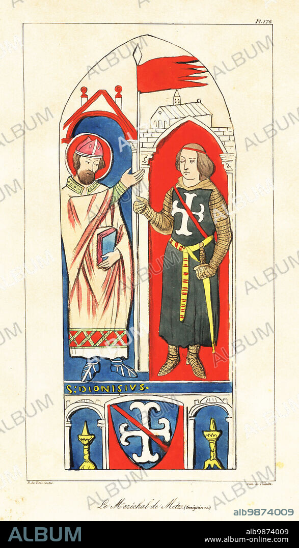 Henri II Clement, Seigneur of Metz, Marshal of France, died 1265, receiving the oriflamme from Saint Denis. The oriflamme is the battle standard of the King of France. He wears a suit of chainmail, a tunic with white cross, spurs, and sword. Taken from a stained glass window in Notre-Dame de Chartres. Le marechal de Metz (Roger de Gaignieres). Handcoloured lithograph by Villain after an illustration by Horace de Viel-Castel from his Collection des costumes, armes et meubles pour servir à l'histoire de la France (Collection of costumes, weapons and furniture to be used in the history of France), Treuttel & Wurtz, Bossange, 1829.