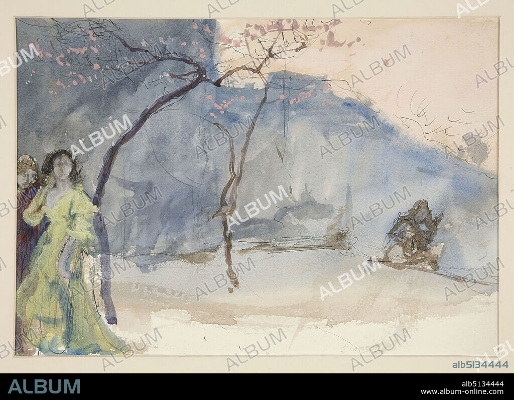 Artist: Edwin Austin Abbey, American, 18521911, M.A., 1897, A Love Song, a Love Song, from Twelfth Night (?), Gouache, watercolor, ink, White wove, 17.6 × 25.5 cm (6 15/16 × 10 1/16 in.), Made in United States, American, 19th century, Works on Paper - Drawings and Watercolors.