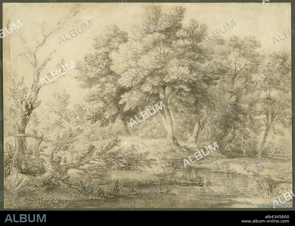 Wooded Landscape with Stream, 1750–59, Thomas Gainsborough, English, 1727-1788, England, Brush and black ink and gray wash, over graphite, on off-white laid paper, pieced along both vertical edges and laid down on cream laid paper, 238 × 334 mm.