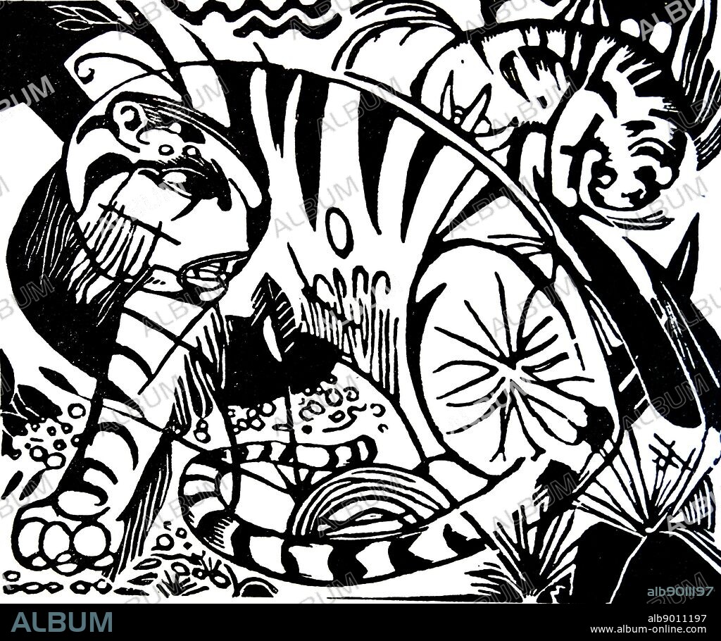 Woodcut of a tiger by Franz Marc (1880-1916) German painter, printmaker and a founding member of Der Blaue Reiter. Dated 1912.