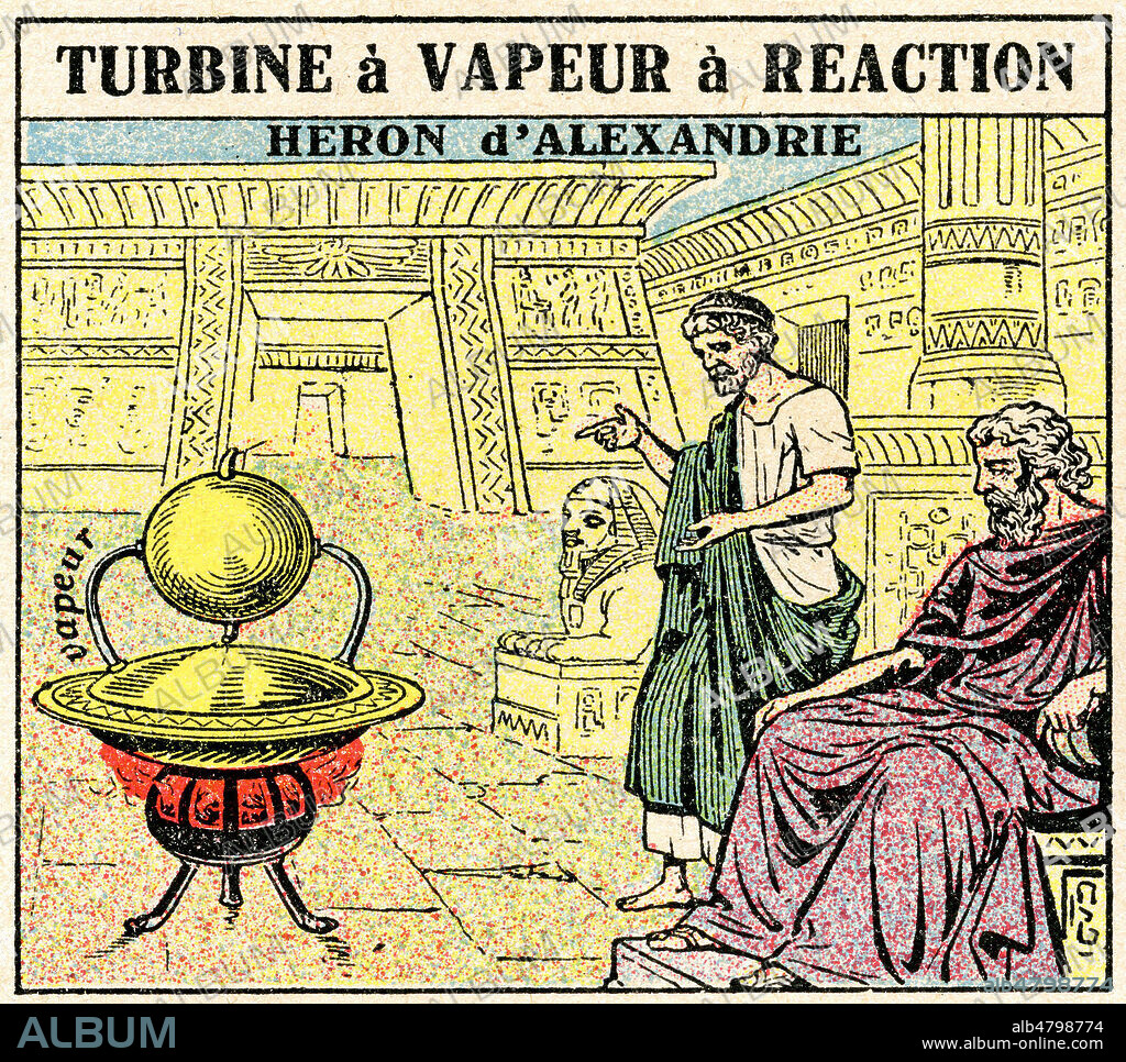 Turbine a vapeur a reaction. HERON d'Alexandrie. Illustration anonyme vers 1925 pour la planche La machine a vapeur . Credit : Collection Jonas/Kharbine-Tapabor.
