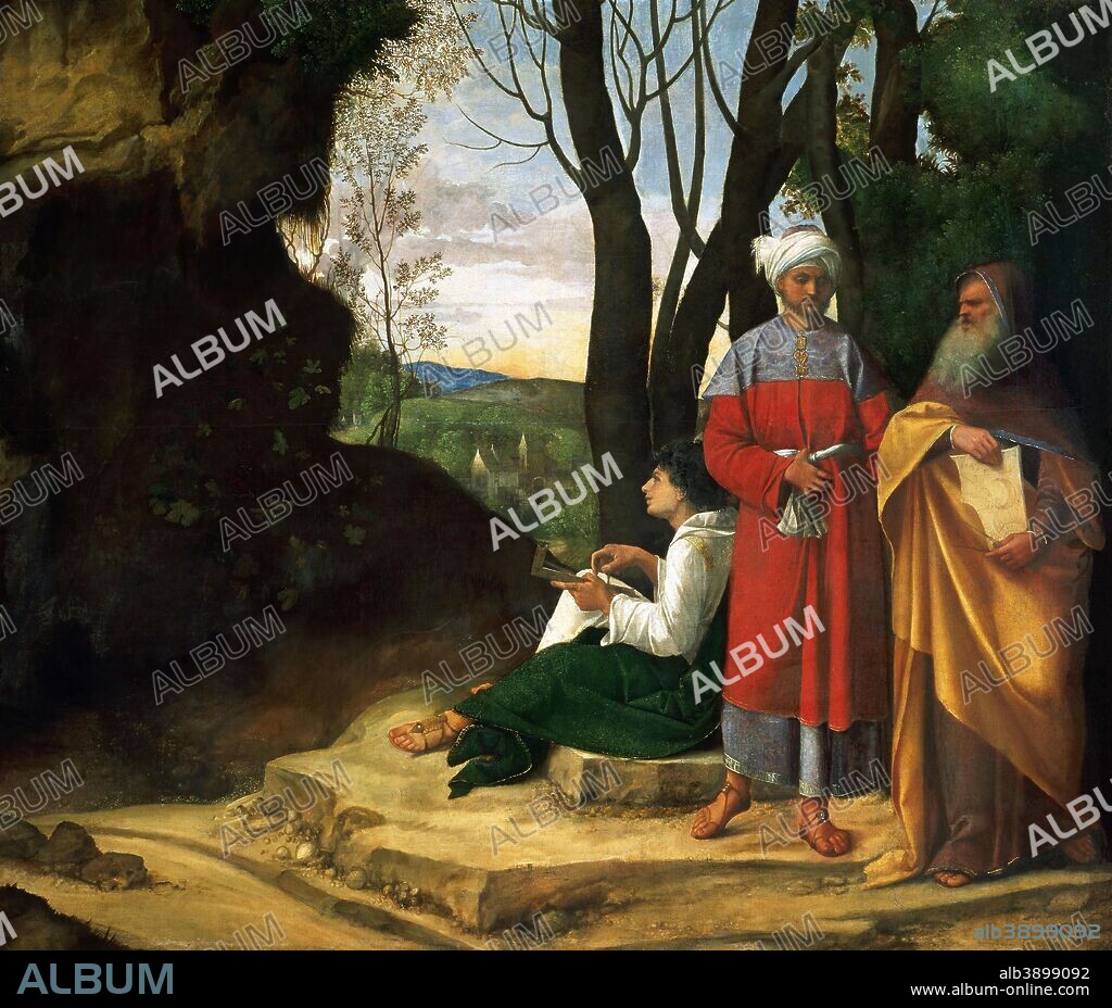 GIORGIONE. Three Philosophers. Date/Period: Between ca. 1508 and ca. 1509. Painting. Oil on canvas. Height: 125.5 cm (49.4 in); Width: 146.2 cm (57.5 in).