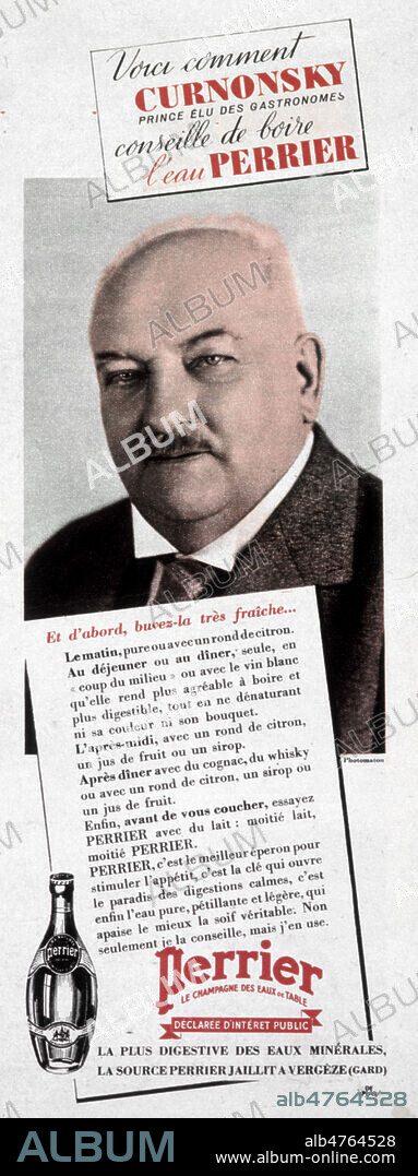 Publicite pour l'eau Perrier de 1939: 'Voic comment Curnonsky, prince elu des gastronomes conseille de boire l'eau Perrier'. Credit: Collection KHARBINE-TAPABOR.