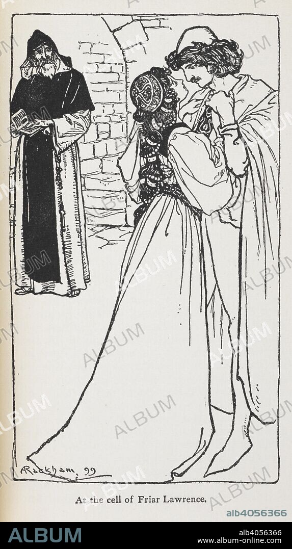 ARTHUR RACKHAM and CHARLES LAMB. Illustration of the star-crossed lovers in Romeo and Juliet. Tales from Shakespeare. (With illustrations by Arthur Rackham.). London: JM Dent & Co (1906). 'At the cell of Friar Lawrence.'. Source: 12206.p.1/10 facing page 260.