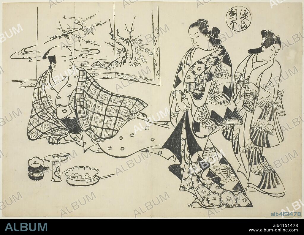 The Kiritsubo Chapter from "The Tale of Genji" (Genji Kiritsubo), from a series of Genji parodies. Okumura Masanobu; Japanese, 1686-1764. Date: 1705-1715. Dimensions: 37.3 x 38.3 cm. Woodblock print; oban, sumizuri-e. Origin: Japan.