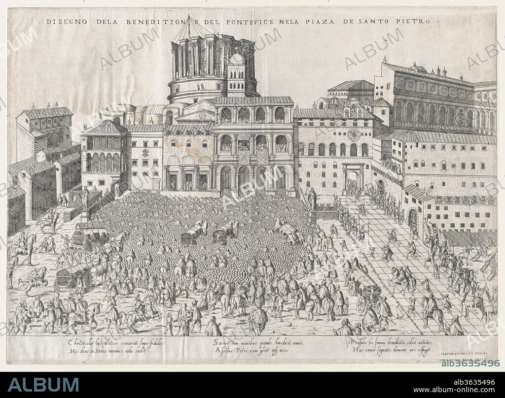 Speculum Romanae Magnificentiae: Papal Benediction. Artist: Giovanni Ambrogio Brambilla (Italian, active Rome, 1575-99). Dimensions: sheet: 15 15/16 x 21 7/8 in. (40.5 x 55.5 cm). Publisher: Claudio Duchetti (Italian, active Venice and Rome, ca. 1565-died ca. 1585). Series/Portfolio: Speculum Romanae Magnificentiae. Date: late 16th century.
This print comes from the museum's copy of the Speculum Romanae Magnificentiae (The Mirror of Roman Magnificence) The Speculum found its origin in the publishing endeavors of Antonio Salamanca and Antonio Lafreri. During their Roman publishing careers, the two foreign publishers - who worked together between 1553 and 1563 - initiated the production of prints recording art works, architecture and city views related to Antique and Modern Rome. The prints could be bought individually by tourists and collectors, but were also purchased in larger groups which were often bound together in an album. In 1573, Lafreri commissioned a title page for this purpose, which is where the title 'Speculum Romanae Magnificentiae' first appears. Lafreri envisioned an ideal arrangement of the prints in 7 different categories, but during his lifetime, never appears to have offered one standard, bound set of prints. Instead, clients composed their own selection from the corpus to be bound, or collected a group of prints over time. When Lafreri died, two-third of the existing copper plates went to the Duchetti family (Claudio and Stefano), while another third was distributed among several publishers. The Duchetti appear to have standardized production, offering a more or less uniform version of the Speculum to their clients. The popularity of the prints also inspired other publishers in Rome to make copies however, and to add new prints to the corpus. 
The museum's copy of the Speculum entered the collection as a group of 3 albums with inlaid engravings and etchings. The prints have since been removed, but the original place of each print within the album is contained in the accession number: 41.72(volume.place).
Originally volume 3, plate 69 in the scrapbook.