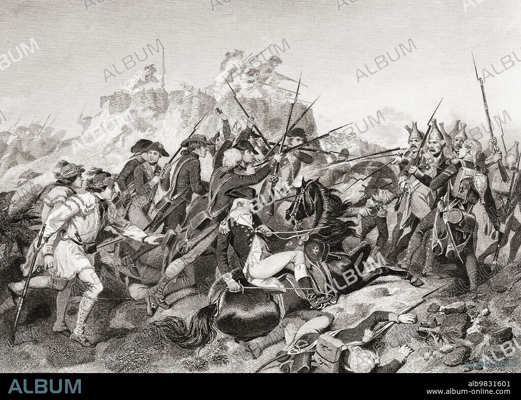 Major General Benedict Arnold wounded at the second Battle of Saratoga, October 7, 1777 during the American Revolutionary War. After a 19th century engraving by Alonso Chappel.