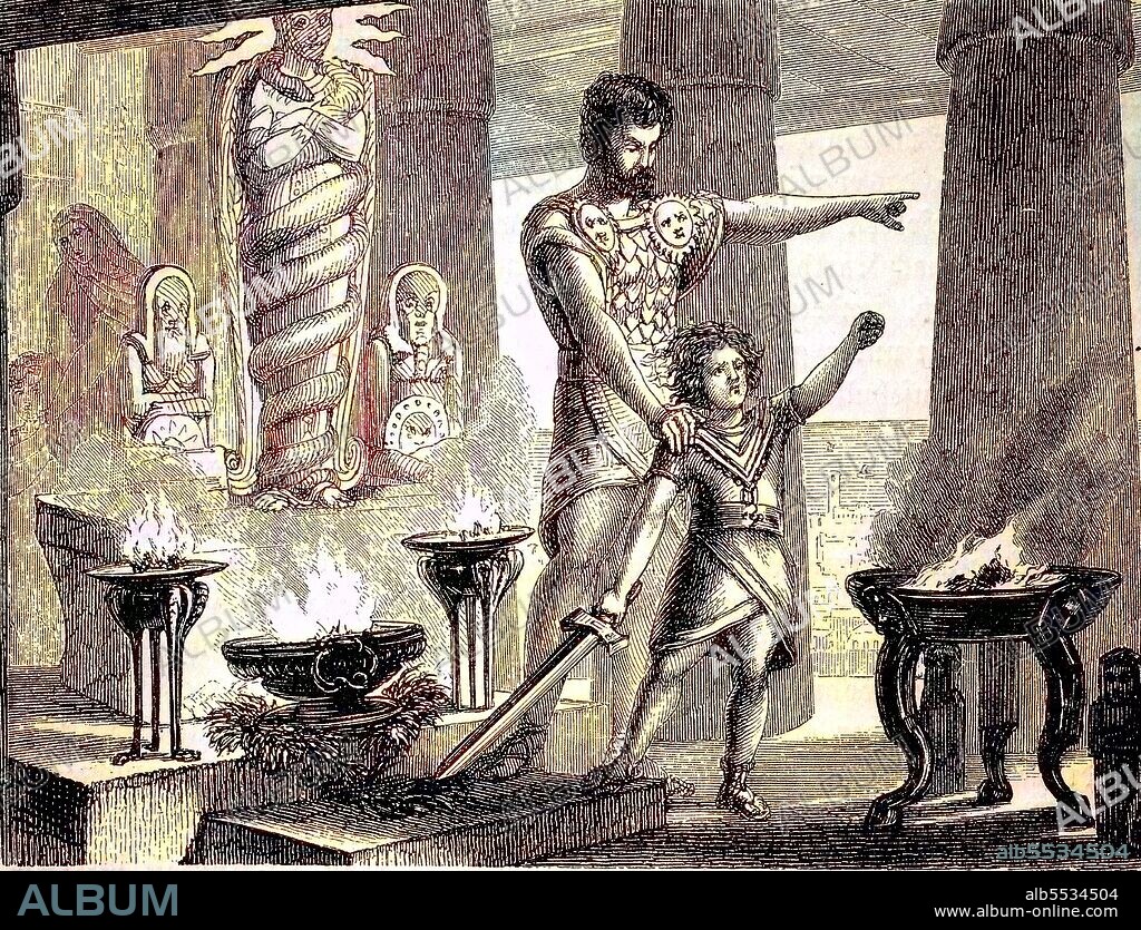 Hamilcar Barca or Barcas, 275 BC. BC - 228 BC Chr., A Carthaginian general and statesman, here with his son Hannibal, Hannibal Barca, the story of ancient Rome, Roman Empire, Italy.
