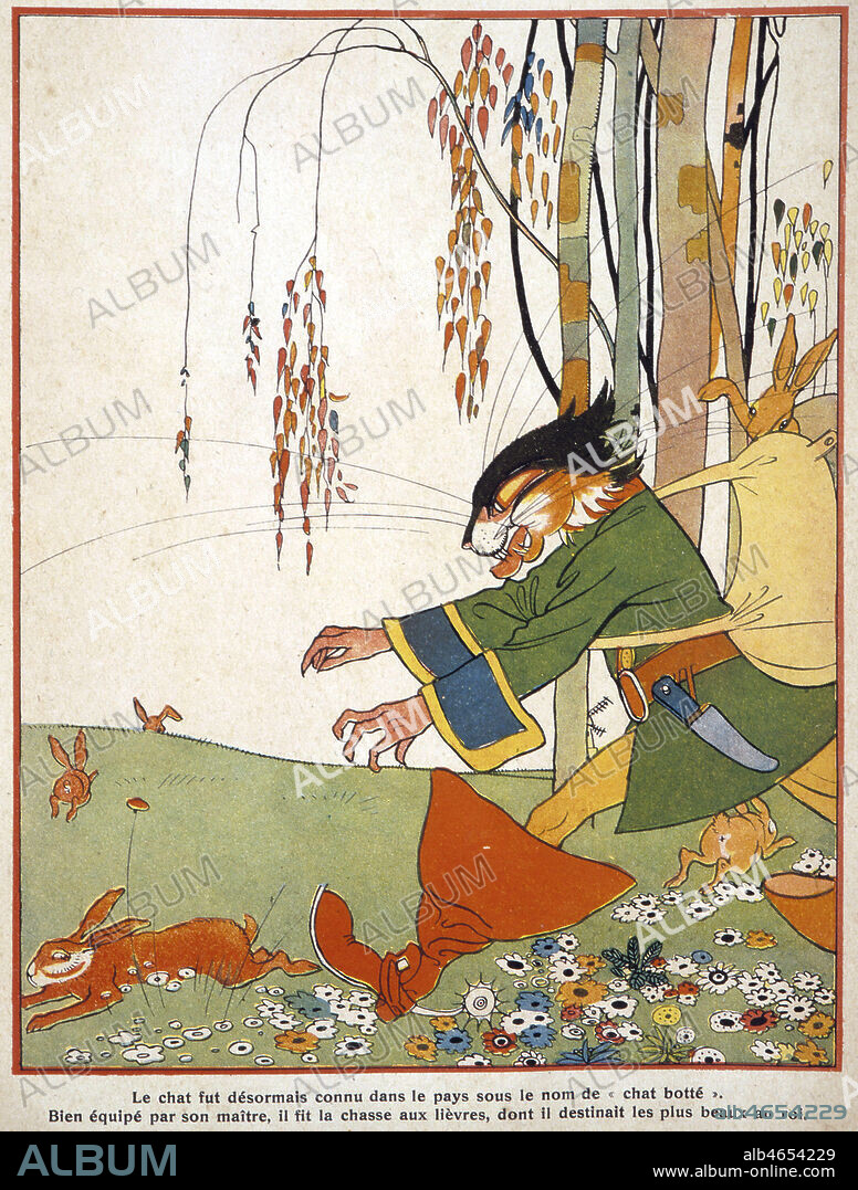 Le Chat Botte a la chasse aux lievres. Illustration de 1920 par Felix LORIOUX (1872-1964) ADAGP d'apres le conte de Charles Perrault. Credit : Collection KHARBINE-TAPABOR.
