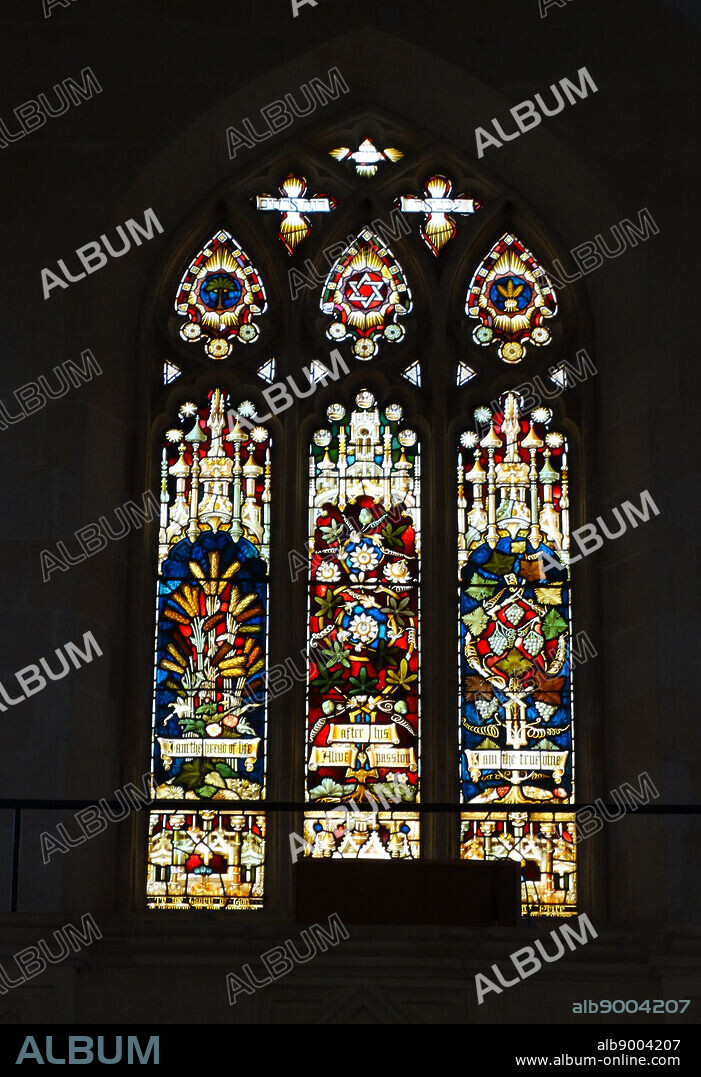 Stained glass window inside Christ Church; Jerusalem; an Anglican church located inside the Old City of Jerusalem. The building itself is part of a small compound just inside the Jaffa Gate opposite King David's Citadel. It is the oldest Protestant church in the Middle East.