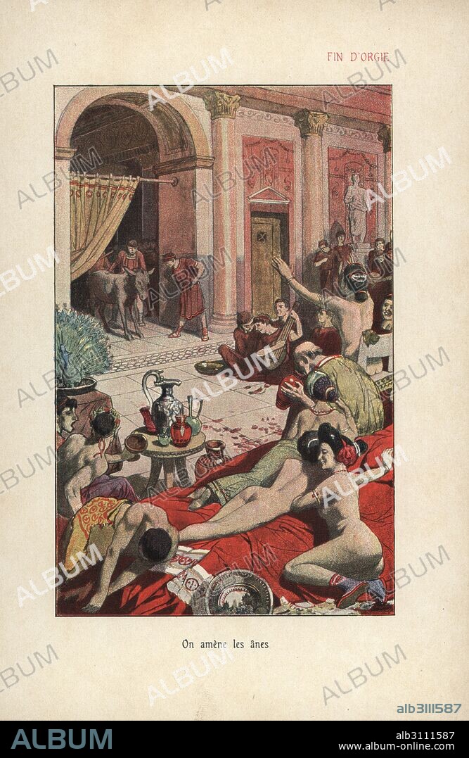 A donkey is brought to the wedding orgy of Messalina and Gaius Silius. A decadent party with musicians, naked women reclining on beds, men drinking wine from cups. Colour printed illustration by Auguste Leroux from Felicien Champsaur's novel L'Orgie Latine (Roman Orgy), Fasquelle, Paris, 1903.