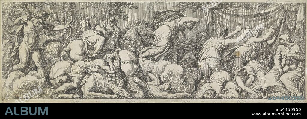 Apollo and Diana kill the children of Niobe The life of Niobe (series title), Apollo and Diana, both with bows and arrows, kill the children of Niobe. Several children are lying dead on the ground, others are trying to flee. Niobe sits on the right., Apollo and Diana kill Niobe's children, Giovanni Battista Galestruzzi (mentioned on object), 1656, paper, etching, h 114 mm × w 340 mm.
